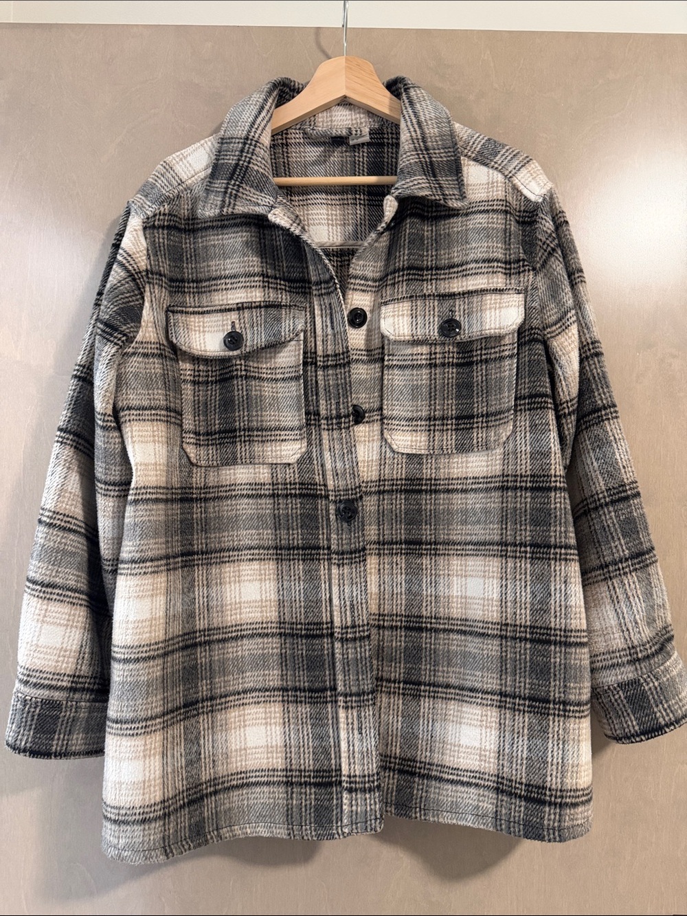 H&M Plaid Shacket in Beige & Black